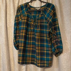 Pioneer Woman Plaid Blouse with Embroidered Sleeves